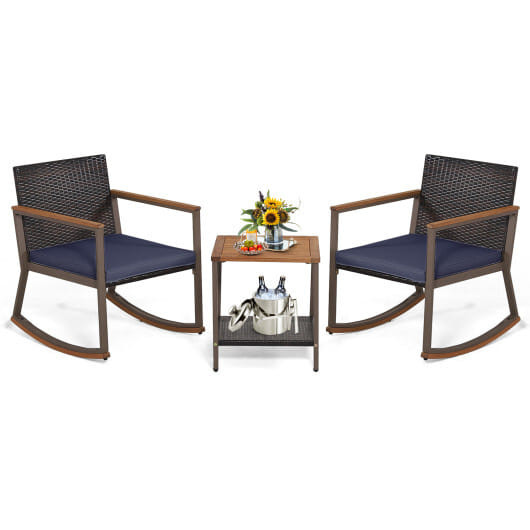 3 Pieces Rattan Rocking Bistro Set with Coffee Table and Cushions-Navy - Color: Navy D681-HW70901NY