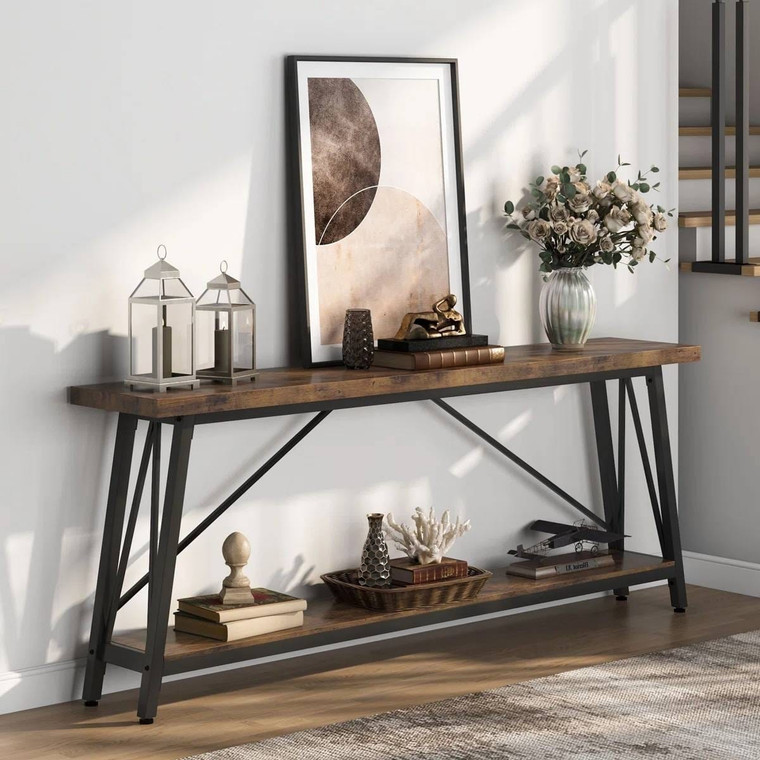 Sturdy 70-inch Industrial Brown Wood Top Console Table with Black Metal Frame Q280-RSBRNHW13958175