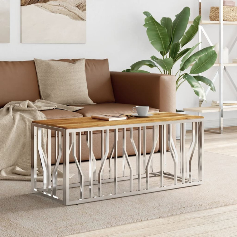 Coffee Table Silver Stainless Steel and Solid Wood Acacia A949-350055