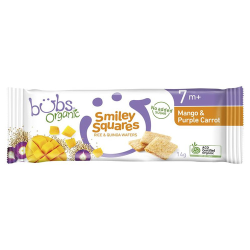Bubs Organic Smiley Squares Mango & Purple Carrot 7+ Months 20g X 14