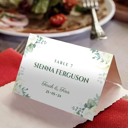 Fresh White and Green Floral place card (Personalised Wedding Name Place Cards)