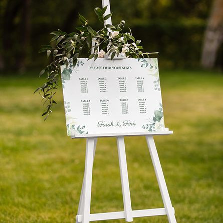 Fresh White and Green Eucalyptus Floral Wedding Table Plan (Personalised Wedding Table Plans)