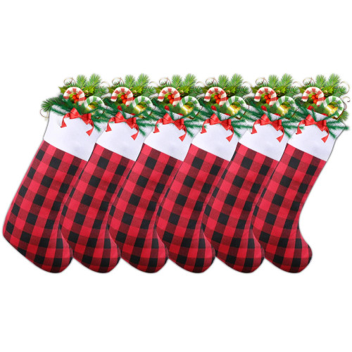 Uneam Christmas Stockings 6 Pack 18 Inch Red and Black Plaid Christmas Stockings