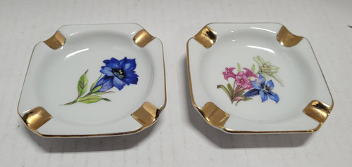 Pair of Bavaria Waldershop Floral Design Ashtrays - Germany - Vintage