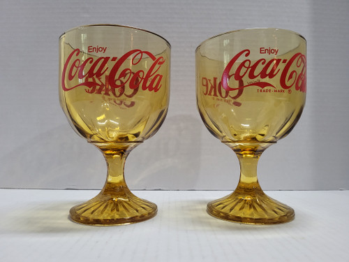 Pair of Vintage Coca-Cola Goblets Red Print on Amber Glass