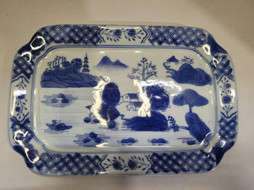 CHINESE Export Blue & White Canton Porcelain 10 3/4x7 1/4 Plate - Tray