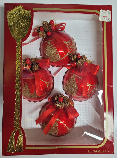 4 Pack of VICTORIA COLLECTION CHRISTMAS ORNAMENTS - RED GLASS WITH GOLD TREES