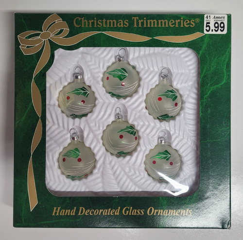 Vintage Set of 6 Hand Decorated Glass Ornaments - Christmas Trimmeries - Small ~