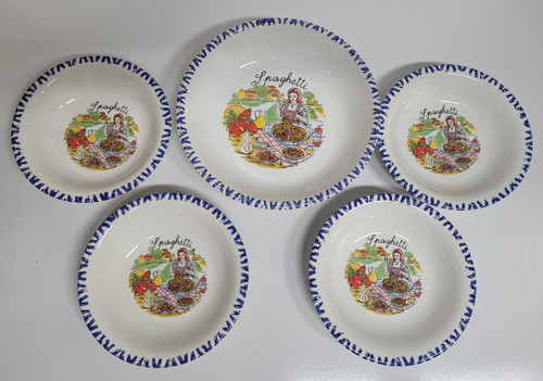 5 Piece Pasta Set - 1 Large Bowl and 4 Small bowls with Hand Painted Scene