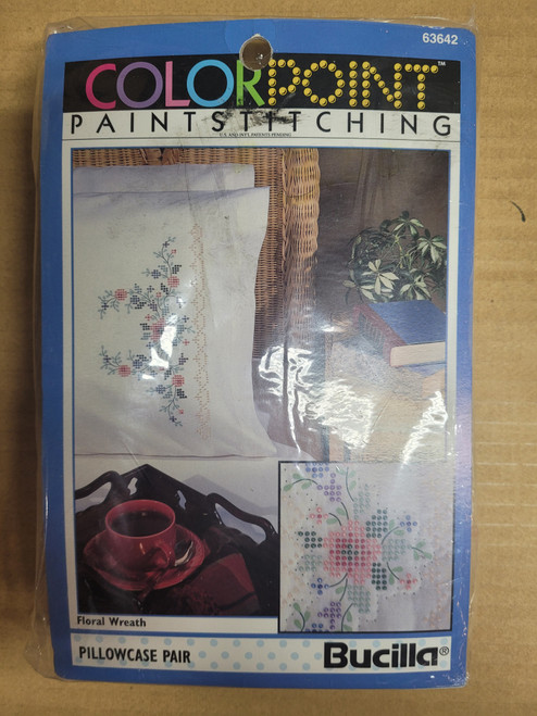 Bucilla #63642 COLORPOINT PAINT STITCHING Pillowcase Pair "Floral Wreath"