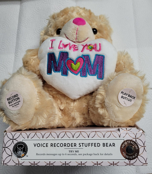 Stuffed Bear "I Love You MOM". Make Your Own Message Voice Recording For Mom