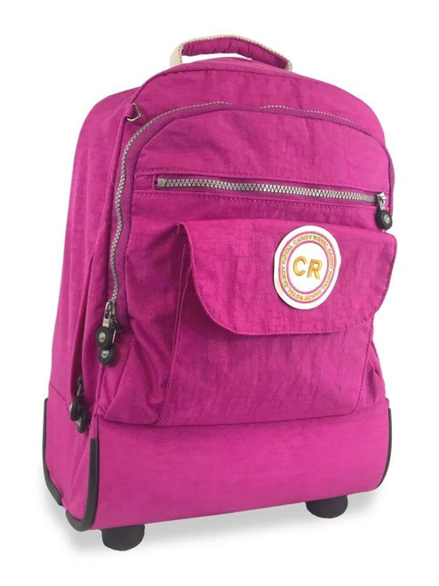 15" rolling backpack in rose is easy carry large wheeled backpack is your kid's new go-to school and travel bag.