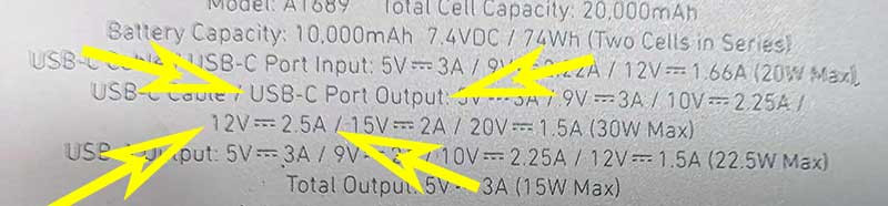 Battery specifications for use with USB-C to 12 volt adapter