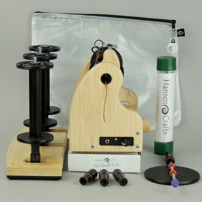 The Fine Spinner Bundle includes; Classic miniSpinner with a lace flyer, 3 extra lace break down bobbins, 2 or 3 Ply Lazy Kate (your choice), Orifice reducer set, Quill - 1/4"-6mm, Maintenance kit, and a Gear/Accessory Bag.