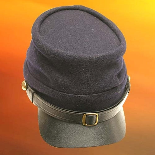 Civil War kepi military hat with leather visor and chin strap.