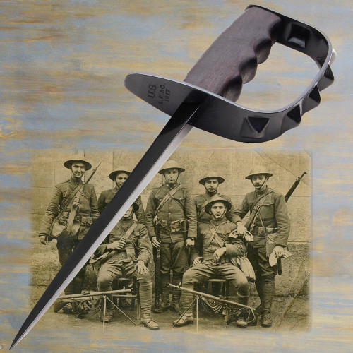 1917 US Trench Knife with steel knuckle guard and leather sheath.