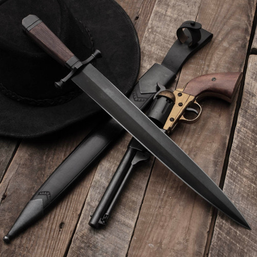 Battlecry Arkansas Toothpick knife with blackened steel blade and leather sheath.