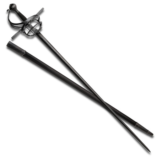 Battlecry Espada Ropera sword with engraved leather scabbard and belt.