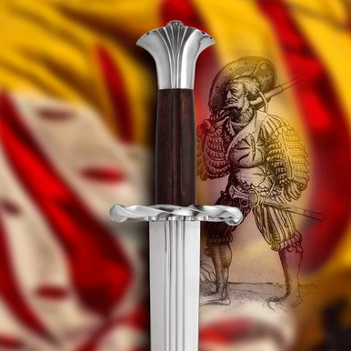 Landsknecht Katzbalger sword with ornate guard and leather scabbard inspired by German Renaissance weapons.
