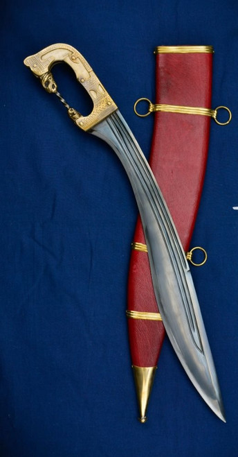 Madrid Iberian falcata sword with blued steel blade and brass hilt