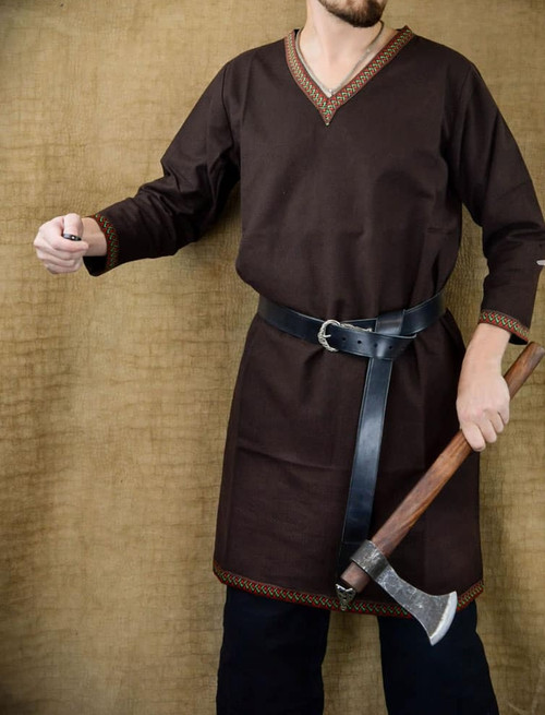 viking tunic brown cotton tunic clothing embroidered collar