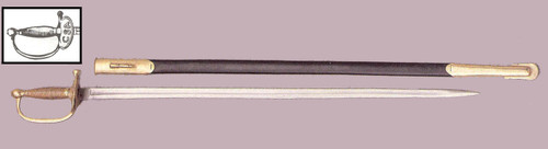 Confederate NCO sword with solid brass CSA guard and grip, 32-inch fullered carbon steel blade, and black leather-covered scabbard with brass throat and drag, Civil War Confederate reproduction.