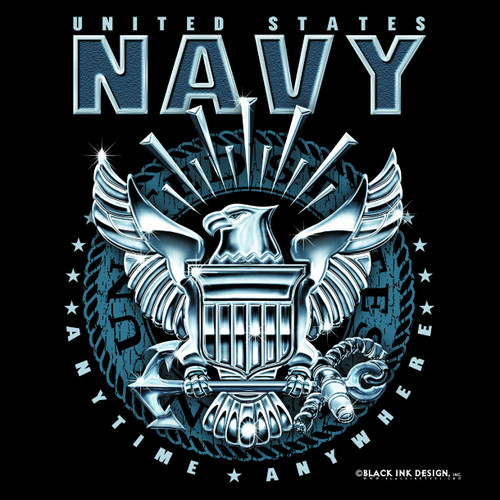 Navy emblem T-shirt in black front view