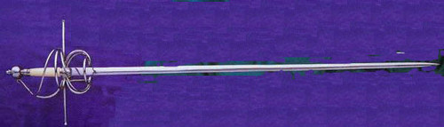 Steel swept-hilt rapier with hand forged blade and polished bone grip for Renaissance display.