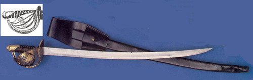 M1862 US Naval Officer’s cutlass with brass basket guard and black leather scabbard.
