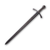 Historical broadsword with leather sheath and black patina finish.