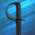 Battlecry Cutlass with darkened steel blade and leather scabbard.