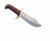 Fixed blade Bowie knife with brass guard and leather scabbard.