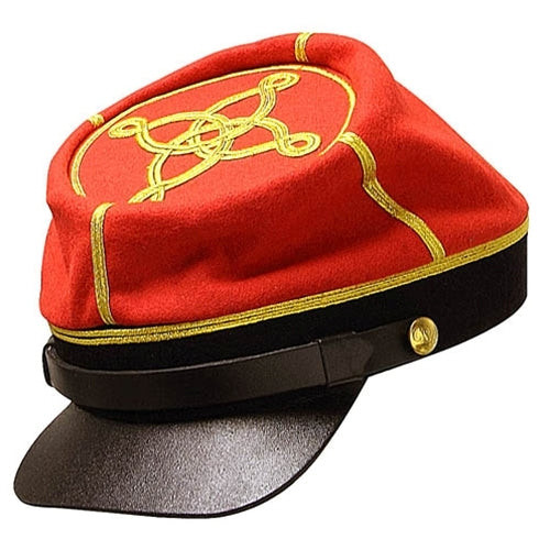 Model 1862 Confederate Officer’s Kepi featuring full branch color body with gold Austrian braid and leather chin strap, Civil War reproduction.