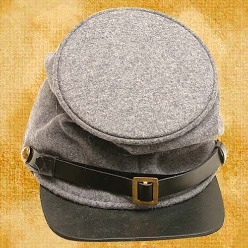 Civil War forage cap in blue wool with soft body construction, leather visor, and brass buckle chin strap designed for authentic US Civil War cap reenactment