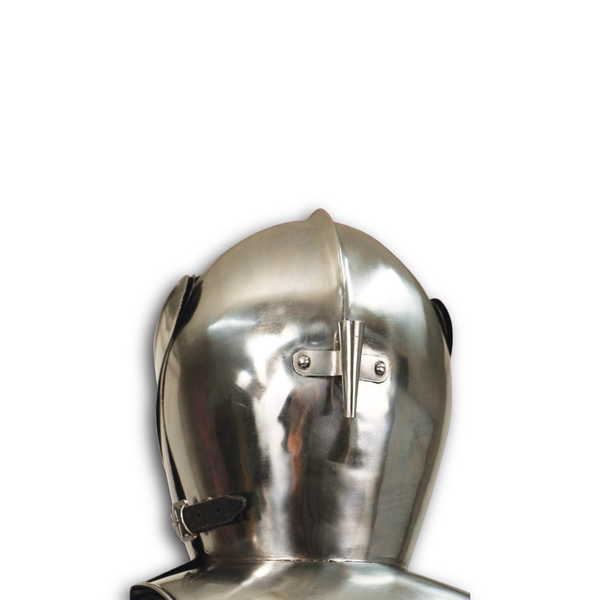 Full-size German Renaissance armor display crafted from steel.