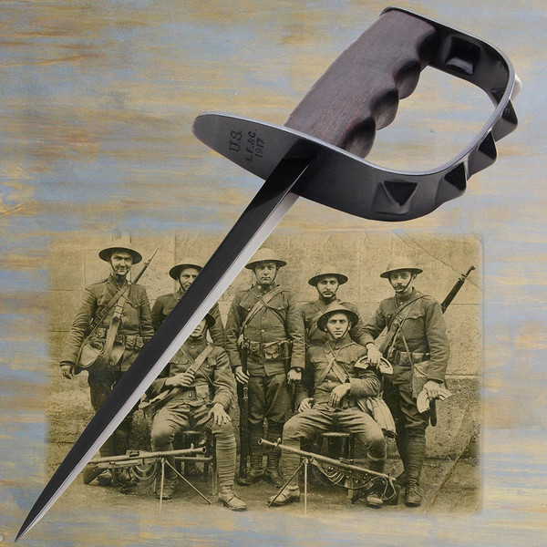 1917 US Trench Knife with steel knuckle guard and leather sheath.