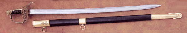 M1845 French Naval Officer's sword with ornate anchor guard and leather scabbard.