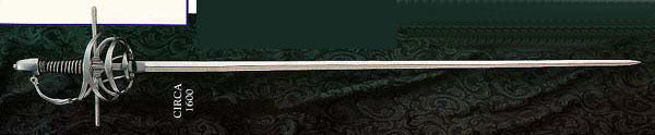 Classical rapier with swept basket hilt and carbon steel blade inspired by Renaissance fencing swords.