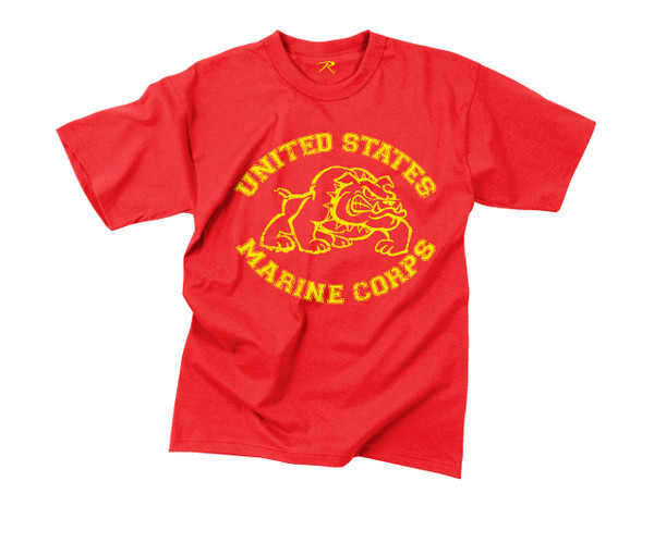 officially licensed U.S. Marines Bulldog T-shirt red, Marines Bulldog T-shirt front graphic red, close-up Marine Corps bulldog design on red T-shirt
