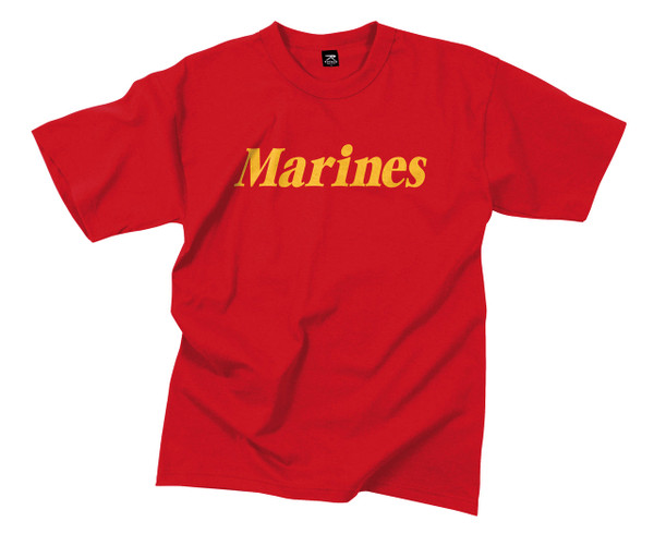 officially licensed US Marines T-shirt with gold lettering, black US Marines T-shirt front view, red Marines T-shirt gold print, Rothco Marines T-shirt fabric detail