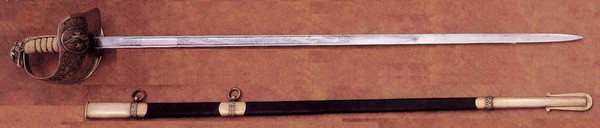 British Royal Air Force Officer's Sword with etched blade and brass hilt.