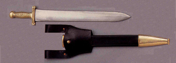Confederate Foot Artillery Short Sword with double-edged blade and brass hilt for Civil War display.
