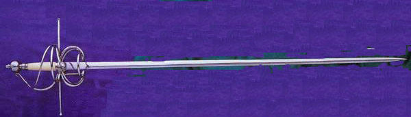 Steel swept-hilt rapier with hand forged blade and polished bone grip for Renaissance display.