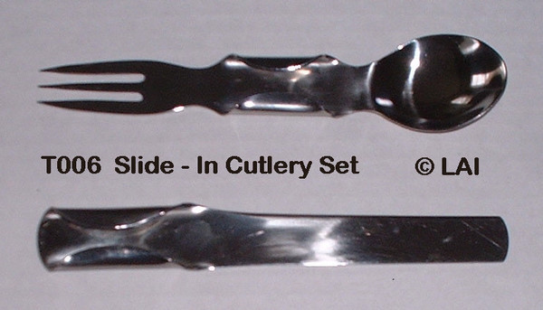 Slide-In Cutlery Set with stainless steel spoon, fork and knife.