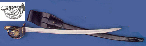 M1862 US Naval Officer’s cutlass with brass basket guard and black leather scabbard.