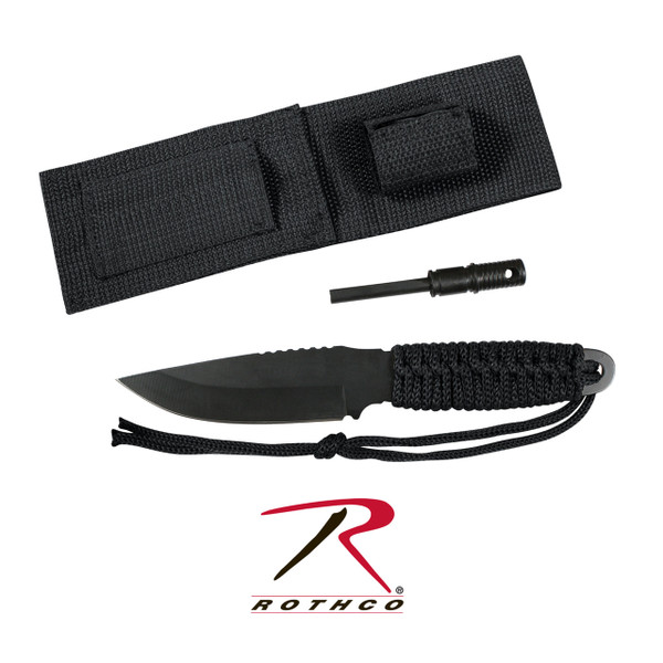 Rothco paracord knife with black stainless steel blade and magnesium fire starter.