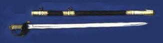 CS British Naval Officer’s sword with brass fittings and black leather scabbard for Civil War display.