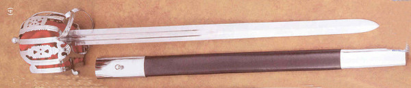 Culloden Basket-Hilted Claymore with nickel plated steel guard and leather scabbard.
