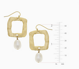 Gold Open Square and Genuine Freshwater Pearl Earrings