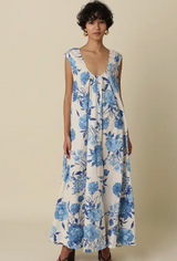 Blue Garden Maxi Dress in Cream and Blue